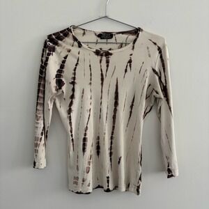 Tryst by Mathew Brown Tie Dye Long Sleeve Ribbed Top Cream Brown Size Medium